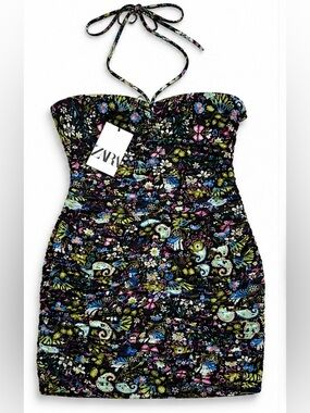 Zara Floral Ruched Halter Mini Dress NWT Size Medium Black Multicolor